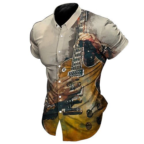 

Hombre Camisa Estampados Música Guitarra Cuello Vuelto Amarillo Azul Piscina Exterior Calle Mangas cortas Abotonar Estampado Ropa Moda Ropa de calle Design Suave