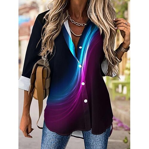 

Mujer Camisa Blusa Negro Gradiente de Color Botón Estampado Manga Larga Casual Básico Cuello Camisero Regular S