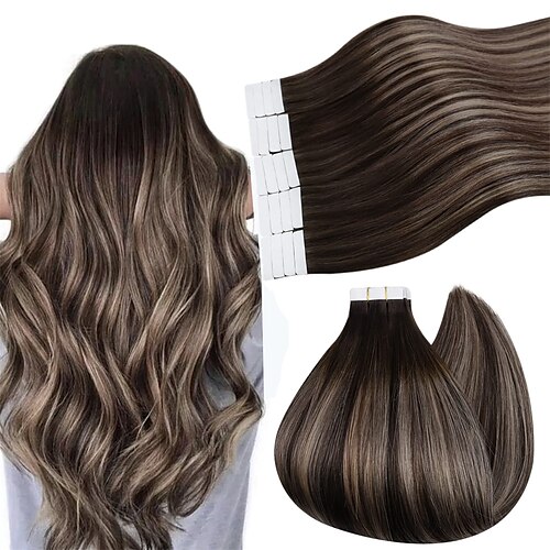 

clip in hair extensions 24 tommer balayage mørkebrun med ask blond clip i ekte menneskehår extensions #4/18/4 langt hår extensions klips i 120 gram