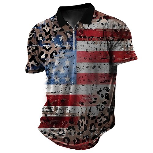 

Herre Zip Polo POLO Trøje Golftrøje Leopard Grafiske tryk Amerikansk flag Aftæpning Rød Blå udendørs Gade Kort Ærme Lynlås Trykt mønster Tøj Mode Designer Afslappet Åndbart