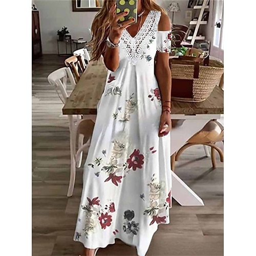

Dame Lang kjole Maxikjole Hverdagskjole Blonde kjole A Linje Kjole Blomstret Gade Moderne udendørs Daglig Ferie Blonder Patchwork Kortærmet V-hals Kjole Regulær Hvid Sommer Forår S M L XL XXL