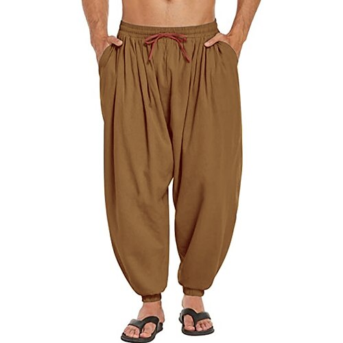 

Men's Linen Pants Summer Pants Baggy Harem Pants Boho Pants Elastic Waist Solid Color Comfort Breathable Casual Daily Beach Linen / Cotton Blend Hippie Yoga Black White Micro-elastic