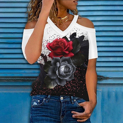 

Mulheres Camiseta Preto Branco Vinho Floral Geométrica Com Corte Imprimir Manga Curta Feriado Final de semana Básico Decote V Padrão Tema Flores Geométrico Pintura S