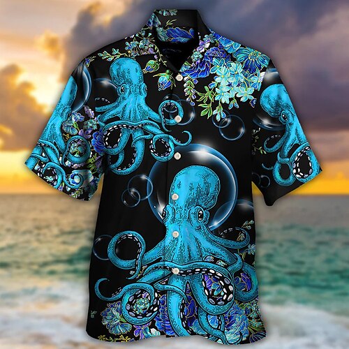 Men's Shirt Camp Collar Shirt Aloha Shirt Coconut Tree Graphic Prints  Octopus Surf Turndown Black Wine Navy Blue Blue 3D Print Outdoor Street  Short Sleeve Button-Down Print Clothing Apparel Tropical 2023 