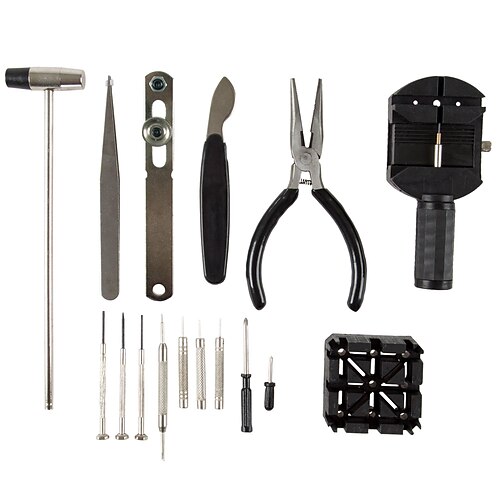 

16 Piece Watch Repair Kit- DIY Tool Set for Repairing Watches Includes Screwdrivers Spring Bar Remover Tweezers Link Remover and More Black Silver