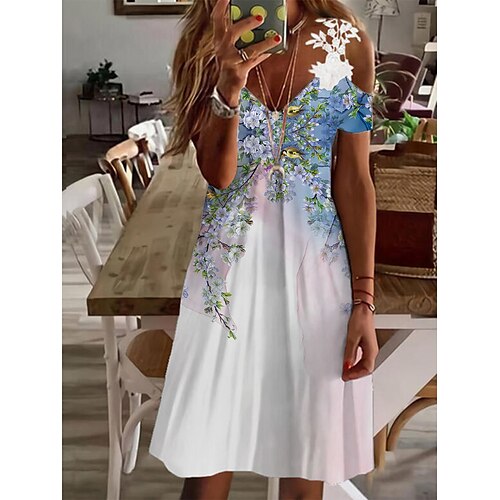 

Dame Uformell kjole Sommerkjole Slipkjole Blomstret Blonde Lapper Med stropper Mini kjole Mote Gatemote utendørs Daglig Kortermet Normal Blå Sommer Vår S M L XL XXL