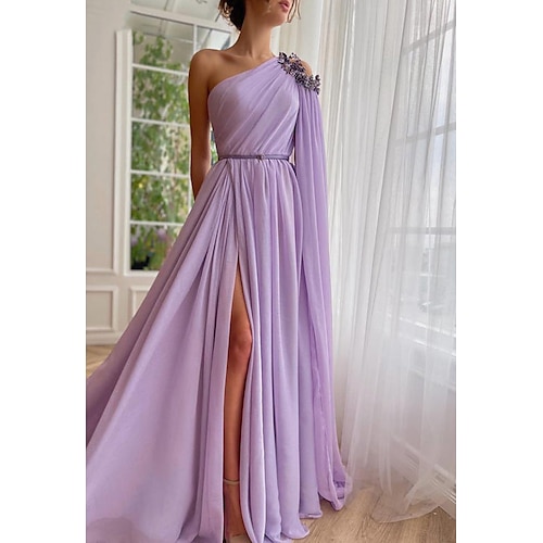 

A-linje Aften Kjoler Elegant Kjole Formel Børsteslæb Uden ærmer Etskuldret Kapper Chiffon med Slids Sjal 2023