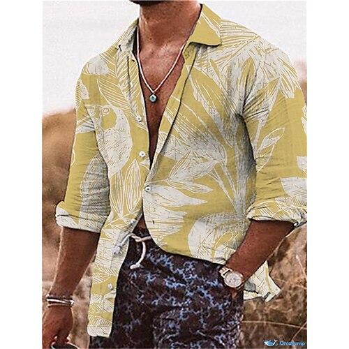 

Homme Chemise Imprimés Photos Feuilles Col rabattu Jaune Extérieur Plein Air manche longue Bouton bas Imprimer Vêtement Tenue Mode Vêtement de rue Design Flexible