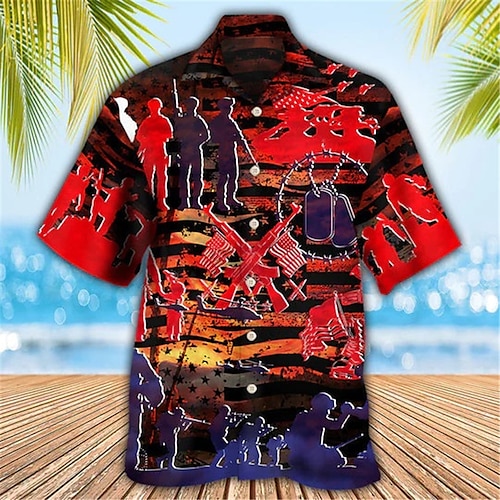 

Homme Chemise Chemise hawaïenne Imprimés Photos Soldier Drapeau National Col rabattu Rouge Bleu Extérieur Plein Air Manches courtes Bouton bas Imprimer Vêtement Tenue Mode Vêtement de rue Design