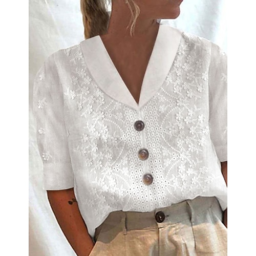 

Dame Skjorte Bluse Hvite eyelet -topper Hvit Blomstret Knapp Kortermet Avslappet Grunnleggende Skjortekrage Normal S