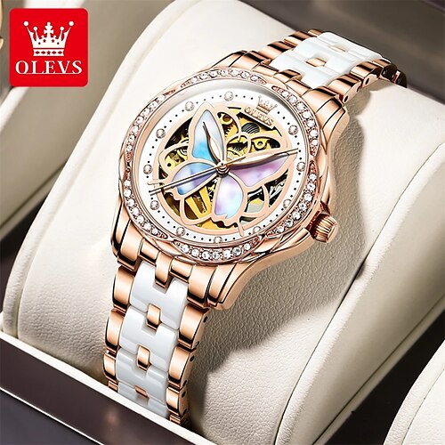 

Olevs fritillary mariposa relojes mecánicos para mujer señoras cerámica esqueleto reloj de pulsera femenino tourbillon automático reloj 6615