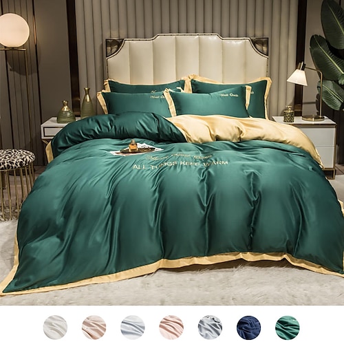 

4 pcs Duvet Cover Queen Washed Silk Pearl White Queen Size Duvet Cover Set Solid Color Embroidery Soft and Breathable with Zipper Closure Corner Ties1 Duvet Cover 1 Flat Sheet 2 Pillowcases