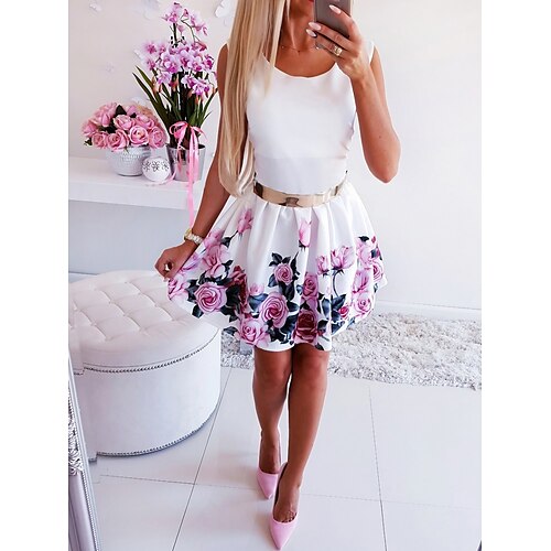 

Per donna Abito da ospite di nozze Vestito da festa Abito semi formale Mini abito Nero Bianco Senza maniche Floreale Con cintura Estate Primavera Girocollo Festa Ufficio Invitati del matrimonio Da