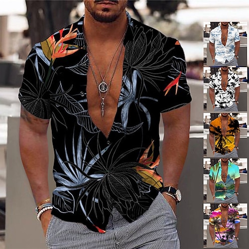 

Men's Shirt Graphic Shirt Aloha Shirt Leaves Turndown Black White Yellow Pink Blue Print Outdoor Street Short Sleeve Button-Down Print Clothing Apparel Fashion Designer Casual Breathable