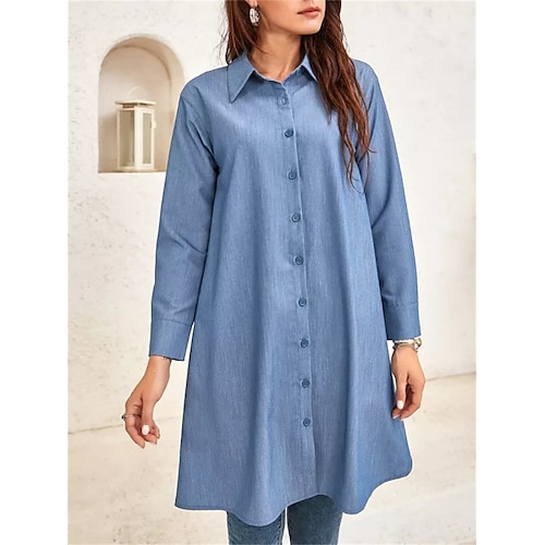 

Dame Skjortekjole Uformell kjole Mini kjole utendørs Daglig Feriereise Polyester Fritid Skjortekrage Knapp Langermet Sommer Vår Høst 2023 Løstsittende Himmelblå Grønn Ren farge S M L XL 2XL