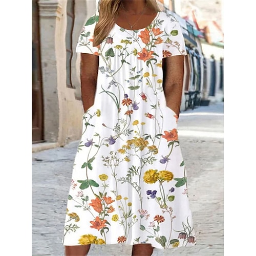 

Mujer Talla Grande Vestido informal Vestido de una línea Vestido de flores Floral Vestido Midi Manga Corta Frunce Bolsillo Cuello Barco Moda Diario Blanco Amarillo Verano Primavera L XL XXL 3XL