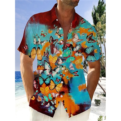 

Herren Hemd Hawaiihemd Sommerhemd Schmetterling Grafik-Drucke Umlegekragen Blau Outdoor Strasse Kurze Ärmel Button-Down Bedruckt Bekleidung Sport Modisch Strassenmode Designer