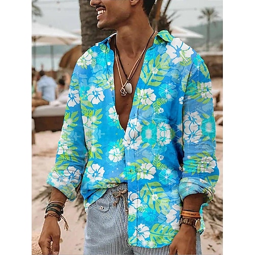 

Men's Shirt Summer Hawaiian Shirt Floral Graphic Prints Turndown Blue Outdoor Street Long Sleeve Button-Down Print Clothing Apparel Fashion Streetwear Designer Casual