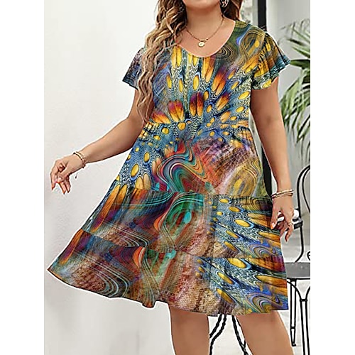 

Per donna Plus Size Abito casual Abito linea A Gradiente Piume Vestito longuette Manica corta Con balze Stampa Girocollo Romantico Da mare Giallo Estate Primavera L XL XXL 3XL 4XL