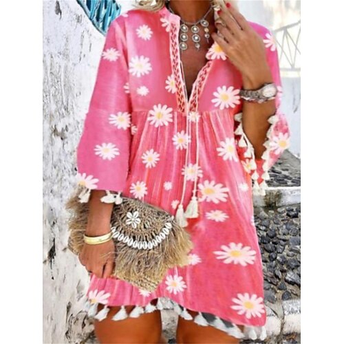 

Per donna Plus Size Abito casual Floreale Margherita Mini abito Manica a 3/4 Nappa Stampa A V Di tendenza Giornaliero Rosa Rosso Estate Primavera L XL XXL 3XL