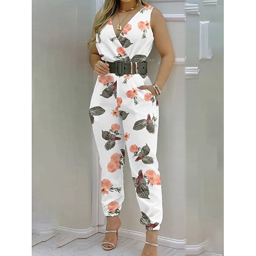 

Women's Jumpsuit Lace up Pocket Floral V Neck Holiday Office Work Regular Fit Sleeveless White S M L Summer