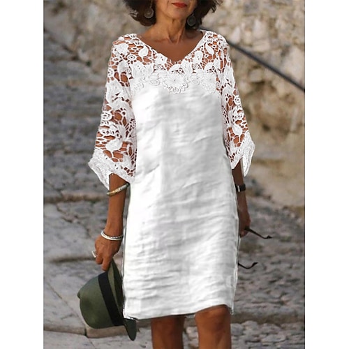 

Women's Cotton Linen Dress Casual Dress Shift Dress Midi Dress Cotton Blend Fashion Modern Outdoor Daily Vacation V Neck Lace 3/4 Length Sleeve Summer Spring Fall 2023 Loose Fit White Plain S M L XL