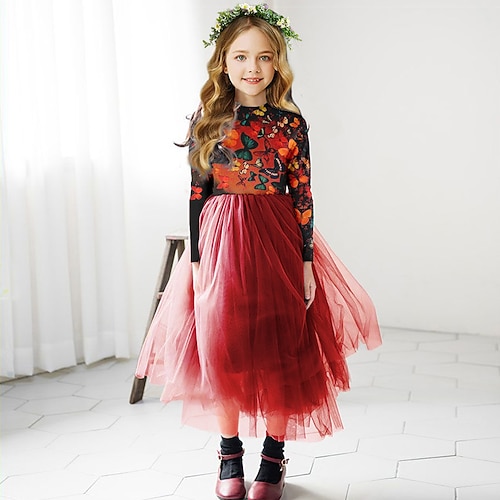 

Bambino Da ragazza Vestito Farfalla Abito linea A Medio Vestito Scuola Girocollo Manica lunga Giornaliero Vestito 4-12 anni Estate Giallo Viola
