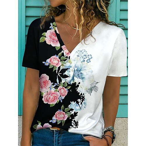 

Damen T Shirt Schwarz Blumen Bedruckt Kurzarm Festtage Wochenende Basic V Ausschnitt Standard Blume Farbe S