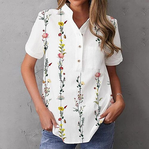 

Mujer Camisa Blusa Blanco Amarillo Rojo Floral Botón Estampado Manga Corta Casual Básico Cuello Mao Regular Flor S