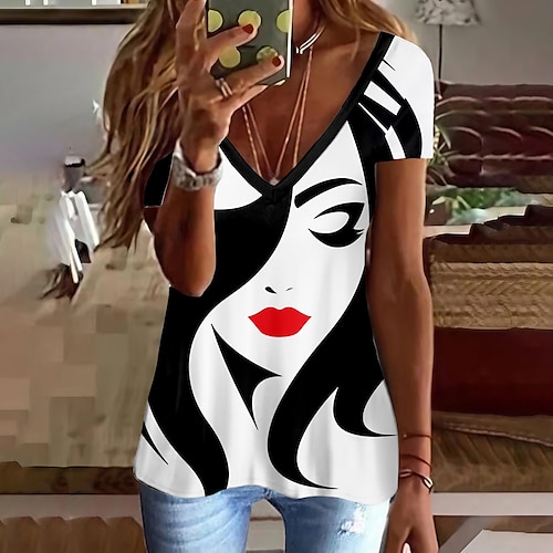 

Women's T shirt Tee Going Out Tops White Portrait Print Short Sleeve Daily Weekend Tunic Basic V Neck Regular Portrait Painting S