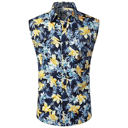 

Homens camisa de linho Camisa Social Floral Estampas Abstratas Aberto para a Lateral Azul Marinha Ao ar livre Rua Sem Manga Botão para baixo Imprimir Roupa Linho Moda Roupa de rua Designer Casual