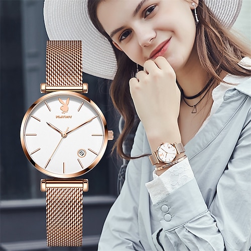 

Femmes montre à quartz décontracté affaires créative minimaliste montre-bracelet avec bracelet calendrier date étanche en acier inoxydable maille ceinture montre