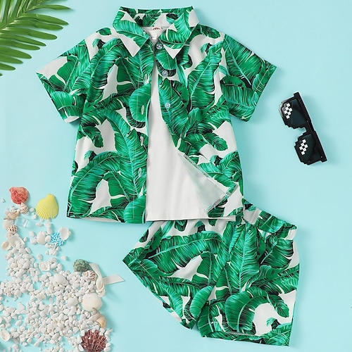 

2 Dele Baby Drenge T-shirt & Shorts Outfit Blad Kortærmet Sæt udendørs Mode Daglig Sommer Forår 3-7 år Grøn