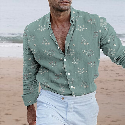 

Hombre Camisa Floral Estampados Cuello Vuelto Rosa Verde Trébol Exterior Calle Manga Larga Abotonar Estampado Ropa Moda Ropa de calle Design Suave