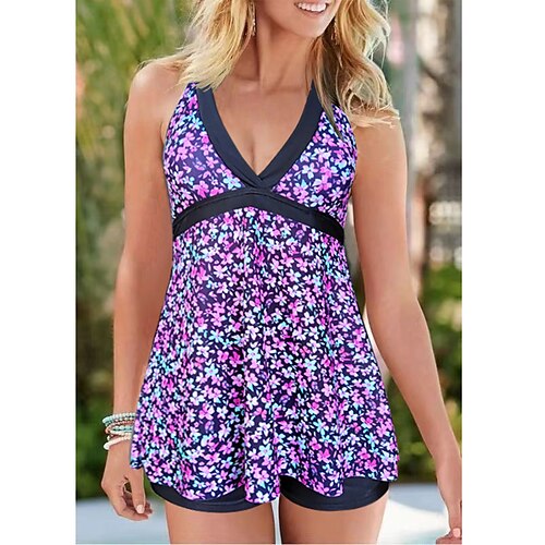 

Damen Badeanzug Tankini 2 Stück Normal Bademode 2 Teile Print Blumen Purpur Regenbogen Tank Top Badeanzüge Sport Strandbekleidung Sommer