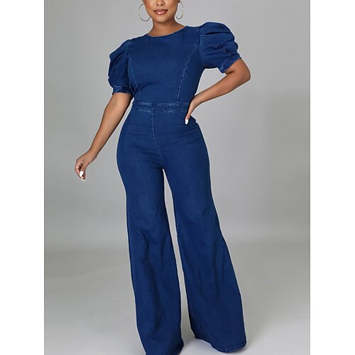 

Mulheres Macacão Frente Única Cintura Alta Côr Sólida Gola Redonda Roupa de rua Rua Diário Normal Manga Curta Manga Princesa Azul S M L Verão