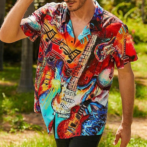 

Homens Camisa Social Camisa havaiana Estampas Abstratas Música Guitarra colar cubano Vermelho Casual Havaiana Manga Curta Botão para baixo Imprimir Roupa Esportes Moda Roupa de rua Designer