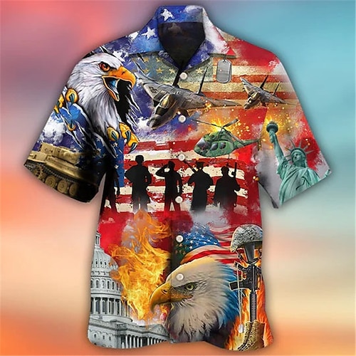 

Homme Chemise Chemise hawaïenne Imprimés Photos Drapeau américain Soldier Col rabattu Vin Rouge Bleu Extérieur Plein Air Manches courtes Bouton bas Imprimer Vêtement Tenue Mode Vêtement de rue Design