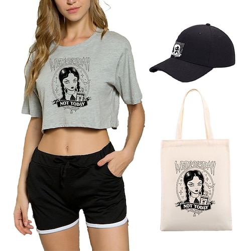 

4 pezzi mercoledì addams pantaloncini stampati crop top berretti da baseball borse in tela set t-shirt pantaloncini set coordinati per abiti da donna per adulti& abbinare gli sport da palestra