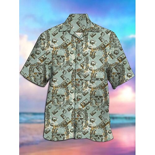 

Men's Shirt Summer Hawaiian Shirt Skull Graphic Prints Cuban Collar Green Casual Holiday Short Sleeve Button-Down Print Clothing Apparel Sports Fashion Streetwear Designer