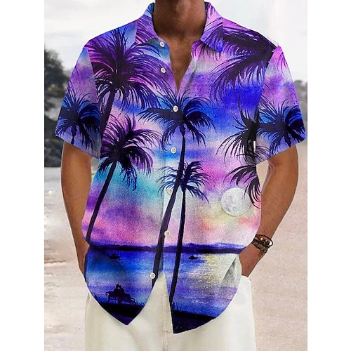 

Hawaiian Shirt Mens Graphic Summer Coconut TreeTurndown Red Purple Brown Green Rainbow Street Casual Short Sleeves Button Colorful Beach Blue Cotton Tropical Button-Down