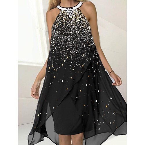 

Women's Party Dress Swing Dress Semi Formal Dress Special Occasion Holiday Wedding Guest Midi Dress Fashion Party Halter Sleeveless Layered Fake two piece Black Polka Dot S M L XL 2XL