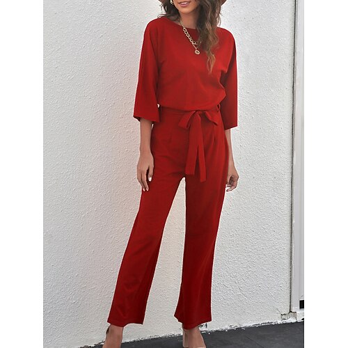 

Damen Jumpsuit mit Schnürung Hohe Taillenlinie Feste Farbe Rundhalsausschnitt Strassenmode Elegant Arbeit Strasse Regular Fit 3/4 Ärmel Schwarz Rote Blau S M L XL Sommer