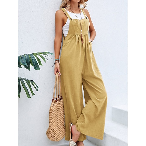 

Women's Overall Pleated Pocket Solid Color Square Neck Streetwear Daily Vacation Regular Fit Sleeveless Yellow Pink Wine S M L Summer