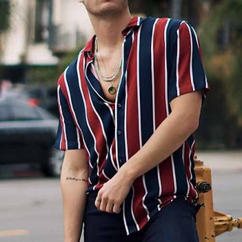 

Herre Skjorte Button Up skjorte Sommer skjorte Casual skjorte Rød Kort Ærme Stribet Knaphul Gade Ferierejse Trykt mønster Tøj Mode Fritid Hawaiiansk
