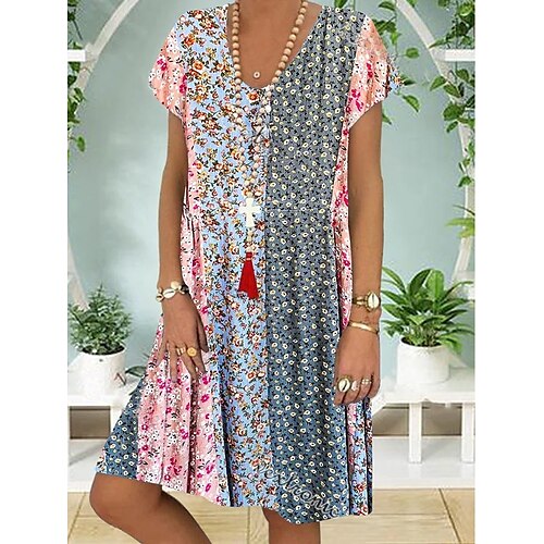 

robe décontractée pour femme robe d'été robe bohème imprimé floral froncé robe mi-longue à col en v active basique vacances à manches courtes coupe ample rose été printemps 3xl