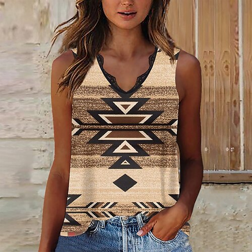 

Women's Tank Top Blue Sky Blue Brown Geometric Lace Trims Print Sleeveless Casual Ethnic V Neck Regular Geometric S