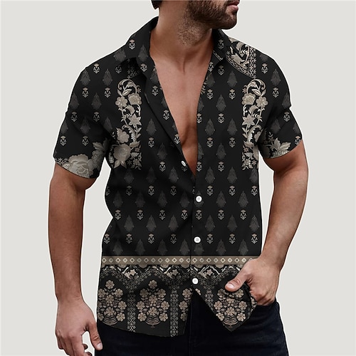 

Hombre Camisa Floral Tribal Estampados Cosecha Cuello Vuelto Negro Gris Calle Casual Mangas cortas Abotonar Estampado Ropa Tropical Moda Boho Ropa de calle