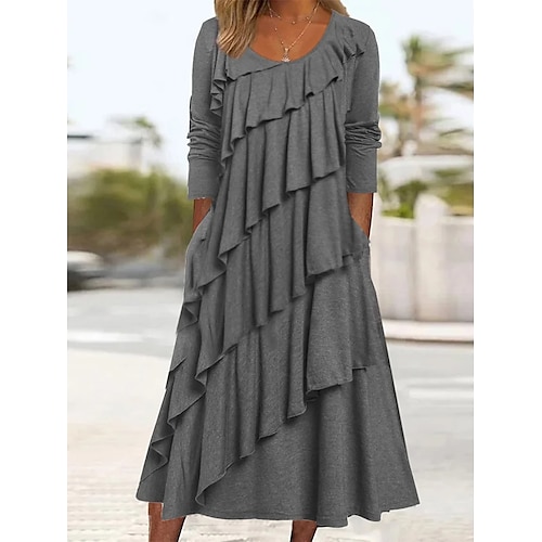 

Women's Casual Dress Summer Dress Plain Dress Plain Ruffle Pocket Crew Neck Midi Dress Fashion Classic Outdoor Daily 3/4 Length Sleeve Loose Fit Black Dark Gray Summer Spring S M L XL XXL