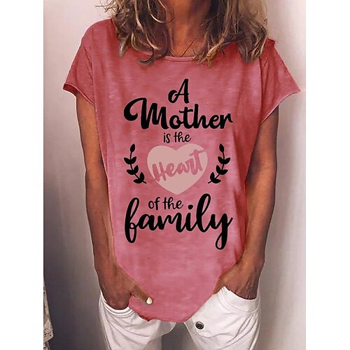 

Women's T shirt Tee White Pink Blue Mom Heart Print Short Sleeve Daily Weekend Basic Funny Round Neck Regular Painting S